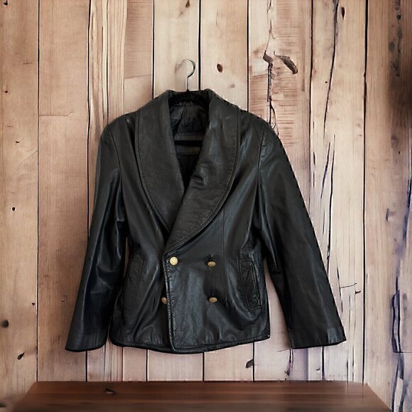 100% LEATHER gorgeous classic vintage 90s gold button blazer stretch women M - Picture 1 of 14